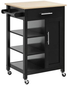 HOMCOM Dulap de Bucătărie cu Roți Dulap de Servire de Stil Contemporan - Ușă, sertar, 3 rafturi - mânere metal Blat Lemn de Hevea Negru | Aosom Romania