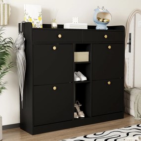 Dulap pentru pantofi cu 4 uși rabatabile, 2 sertare și 3 compartimente deschise, 110x26x100 cm, Negru