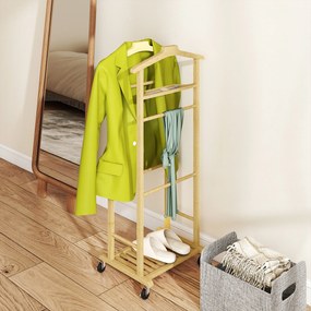 HOMCOM Suport de haine 4 în 1 pe roți din lemn de bambus, 47x33.7x105.5 cm | Aosom Romania