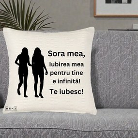 Cadou pentru Sora - Perna Personalizata Sora Mea Te Iubesc Siluete Negre Tinand Maini, 40x40 cm, Crem Reliefat, Husa Detasabila, Perna Inclusa, BEKZ®