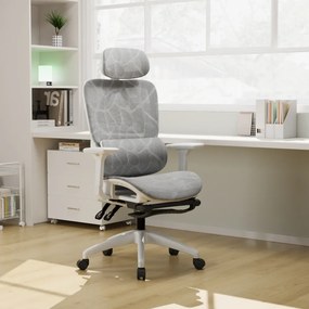 Scaun ergonomic, suport lombar dinamic, tetieră 3D, cotiere 3D, umeras, suport picioare, pivotant, Mesh, Alb/Gri