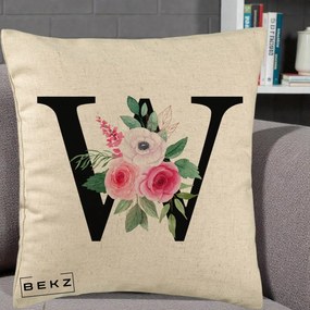 Cadou Personalizat - Perna Personalizata Monograma Florala Litera W cu Trandafiri si Anemona, 40x40 cm, Bej, Husa Detasabila, Perna Inclusa, BEKZ®