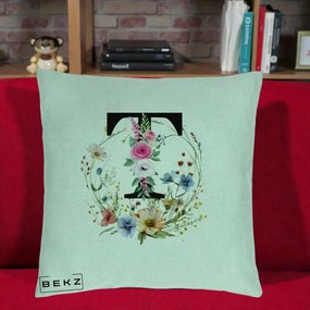 Cadou Personalizat - Perna Personalizata Monogram Litera T cu Flori Acuarela, 40x40 cm, Verde Menta, Husa Detasabila, Perna Inclusa, BEKZ®