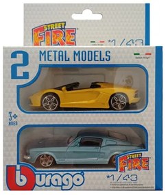 Set 2 Machete Masini Bburago 1:43 Street Fire Lamborghini Aventador Roadster Galben- Mustang Ford GT Albastru, BB30002-30249-30215