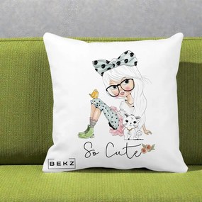 Perna Decorativa So Cute Fata Fashion, 40x40 cm, Alba Mata, Husa Detasabila, Perna Inclusa, BEKZ®