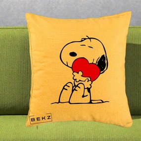 Perna Personalizata Snoopy cu Inima, 40x40 cm, Galben, Husa Detasabila, Perna Inclusa, BEKZ®