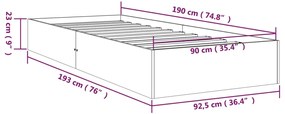 Cadru de pat Single 3FT, alb, 90x190 cm, lemn masiv Alb, 90 x 190 cm