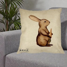 Perna Decorativa Iepuras Acuarela cu Morcov, 40x40 cm, Crem, Husa Detasabila, Perna Inclusa, BEKZ®