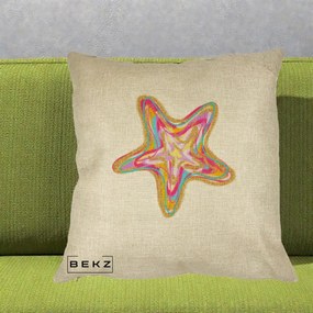 Perna Decorativa Stea de Mare Neon Curcubeu, 40x40 cm, Crem, Husa Detasabila, Perna Inclusa, BEKZ®