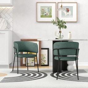 HOMCOM Set de Scaune, Scaune de Bucătărie Tapițate Moderne din Catifea cu Spate, Cotieră și Picioare Metalice, 57x53x73 cm, Verde