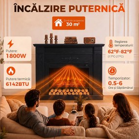 HOMCOM Șemineu electric de podea/încastrat, cu ramă și raft pentru TV 55 inch, 1800W, efect flacără 3D, timer, negru | Aosom Romania