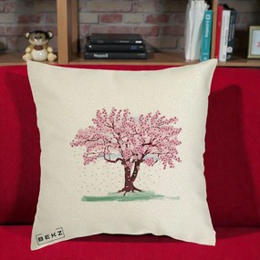 Perna Decorativa Cires Inflorit Acuarela, 40x40 cm, Ecru, Husa Detasabila, Perna Inclusa, BEKZ®