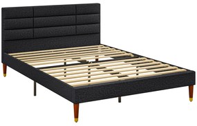 HOMCOM Cadru de pat dublu pentru 2 persoane cu somier cu lamele și cap de pat tapitat compatibil cu salteaua 140 x 200 cm, negru | Aosom Romania