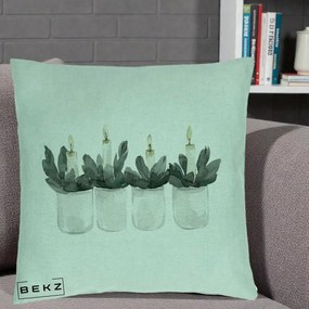 Perna Decorativa Lumanari in Borcane cu Eucalipt, 40x40 cm, Verde Menta, Husa Detasabila, Perna Inclusa, BEKZ®