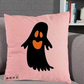 Perna Decorativa Halloween Fantoma Neagra cu Ochi Portocalii, 40x40 cm, Roz, Husa Detasabila, Perna Inclusa, BEKZ®