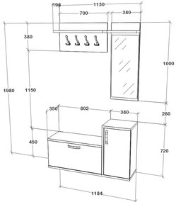 Cuier Cairo, Stejar Alb/Antracit, 113 x 35 x 198 cm