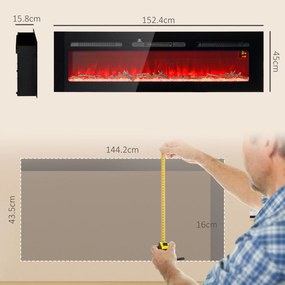 HOMCOM Șemineu Electric Încorporabil cu Telecomandă, Flacără Reglabilă, Temporizator și Termostat, 152,4x15,8x45 cm, Negru | Aosom Romania