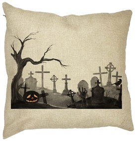 Perna Decorativa cu motiv Cimitir de Halloween, 40x40 cm, Husa Detasabila, Burduf