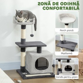 PawHut Ansamblu de joacă pentru pisici cu căsuță, Culcuș, Stâlpi și Covor, 85cm, Gri | Aosom Romania
