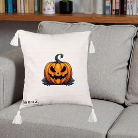 Perna Decorativa Halloween Jack-o'-Lantern Infricosator, 40x40 cm, Bej cu Franjuri, Husa Detasabila, Perna Inclusa, BEKZ®