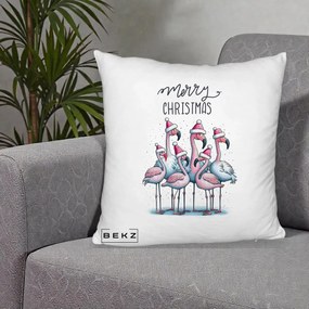 Perna Decorativa Flamingo Merry Christmas, 40x40 cm, Alb Pufos, Husa Detasabila, Perna Inclusa, BEKZ®