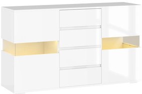 HOMCOM Bufet cu Lumini LED Reglabile prin Telecomandă, Mobilier de Sufragerie cu 4 Sertare și 2 Dulapuri, 120x34x70 cm, Alb | Aosom Romania