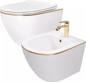 Set vas WC suspendat Rea Carlo alb - auriu cu capac softclose si bideu alb