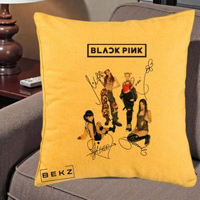 Perna Personalizata K-pop BLACKPINK Fotografie Grup Autografe Toate Membre, 40x40 cm, Galben, Husa Detasabila, Perna Inclusa, BEKZ®