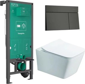 Rezervor incastrat Hansgrohe iFrame 112 cm cu clapeta iFrame Element E negru periat plus vas WC Rune Jord alb cu capac softclose