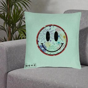 Perna Decorativa Smiley Face cu Artificii Multicolore, 40x40 cm, Verde Menta, Husa Detasabila, Perna Inclusa, BEKZ®