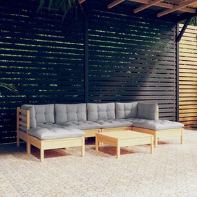 3097084 vidaXL Set mobilier grădină cu perne gri, 7 piese, lemn masiv de pin