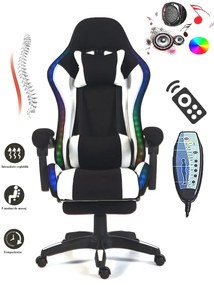ALFORD Scaun gaming cu Masaj in 5 puncte, Perna lombara cu Masaj, Sistem iluminare banda LED RGB, Boxe Bluetooth, suport picioare, textil, Negru