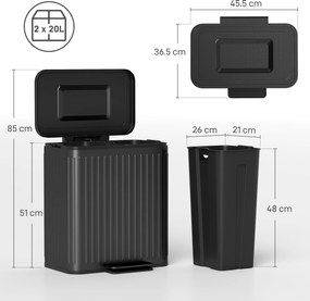 HOMCOM Coș de gunoi pentru bucătărie, 2 x 20 L compartimente, sortare eficientă a deșeurilor, pedală, plastic, metal, negru | Aosom Romania