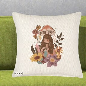 Perna Decorativa Fata Ciuperca Boho Florala, 40x40 cm, Crem Reliefat, Husa Detasabila, Perna Inclusa, BEKZ®