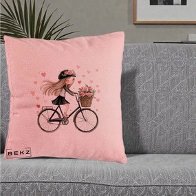 Perna Decorativa Fetita Kawaii pe Bicicleta cu Trandafiri si Inimioare, 40x40 cm, Roz, Husa Detasabila, Perna Inclusa, BEKZ®