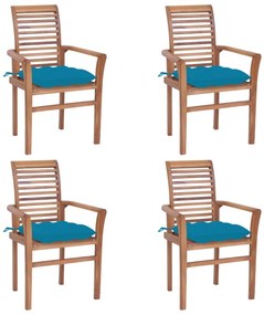Scaune de masă, 4 buc, perne albastru deschis, lemn masiv tec