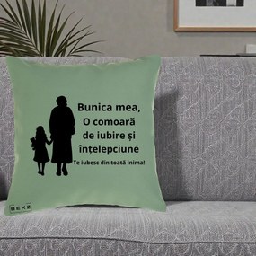Cadou pentru Bunica - Perna Personalizata Bunica Mea Comoara Iubire Intelepciune Silueta, 40x40 cm, Verde, Husa Detasabila, Perna Inclusa, BEKZ®