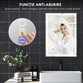 HOMCOM Oglindă Baie Antiaburire cu Lumină LED și Difuzor Bluetooth 50x70 cm | Aosom Romania