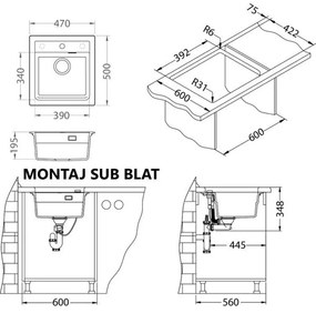 Set chiuveta bucatarie compozit Atrox 20 alba, baterie bucatarie Kati alba si tocator lemn Alb