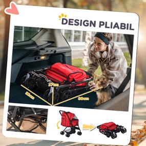 PawHut Cărucior Pliant pentru Câini Mici cu Mâner Rotativ, Roți cu Frâne și Coș de Depozitare, 76,5x52x95 cm, Roșu | Aosom Romania