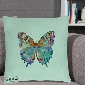 Perna Decorativa Fluture Acuarela Multicolor Portocaliu-Bleu-Mov, 40x40 cm, Verde Menta, Husa Detasabila, Perna Inclusa, BEKZ®