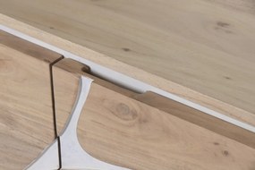 Comodă TV living din lemn de acacia, natur, cu 3 uși, decor alb și picioare sferice, 50 x 145 x 40 cm, „Alvera”