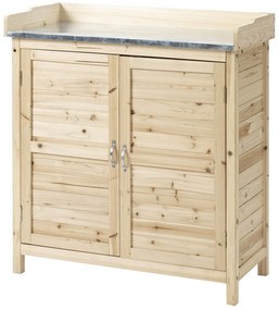Outsunny Dulap de grădină cu 2 rafturi, suprafață de lucru din metal cu margine ridicată, lemn natural, 83 x 40 x 92 cm | Aosom Romania