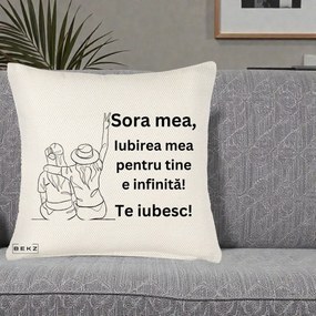 Cadou pentru Sora - Perna Personalizata Sora Mea Te Iubesc Line Art Portrete Colorate, 40x40 cm, Crem Reliefat, Husa Detasabila, Perna Inclusa, BEKZ®