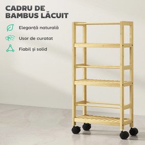 HOMCOM Cărucior de Baie cu 3 Niveluri cu Lamele și Roți 36x15x73 cm Culoare Lemn | Aosom Romania