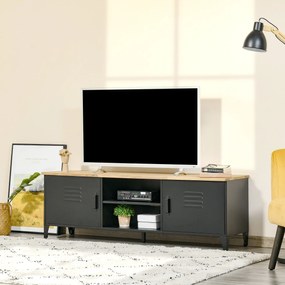 HOMCOM Mobilier TV Banc TV pentru televizoare de 55'' cu 2 Dulapuri Picioare Reglabile Cadru metalic negru Tablou din lemn natural 150 x 40 x 50 cm | Aosom Romania