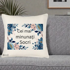 Cadou pentru Socri - Perna Personalizata Cei mai Minunati Socri cu Flori Albastre si Roz, 40x40 cm, Crem Reliefat, Husa Detasabila, Perna Inclusa, BEKZ®