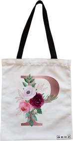 Sacosa de Panza pentru Cumparaturi, Geanta Tote, Cu litera P Rose Gold si Trandafiri, Cu fermoar, 38x34.5 cm, Alba, BEKZ®