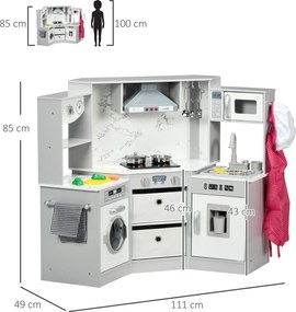 AIYAPLAY Bucătărie pentru copii din lemn cu 17 accesorii legume din plastic butoane și lumini șapcă 3-6 ani gri alb | Aosom Romania