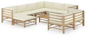 Set mobilier de gradina, 10 piese, perne alb crem, bambus Crem, 5x colt + 3x mijloc + suport pentru picioare + masa, 1